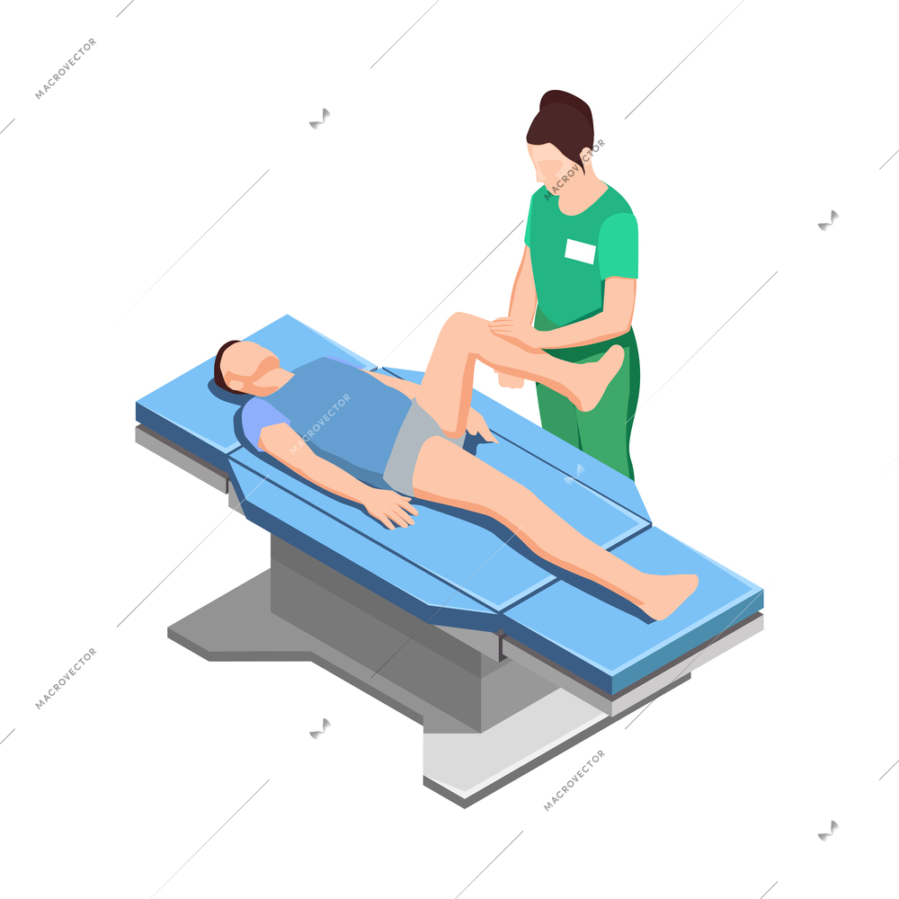 Physiotherapist and male patient during physiotherapy and rehabilitation procedures isometric icon vector illustration