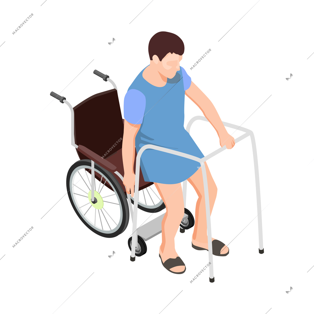 Man on wheelchair during physiotherapy and rehabilitation procedures isometric icon vector illustration