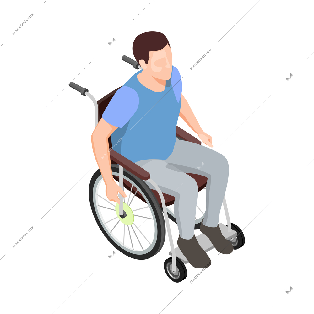 Man during rehabilitation period on wheelchair isometric icon vector illustration