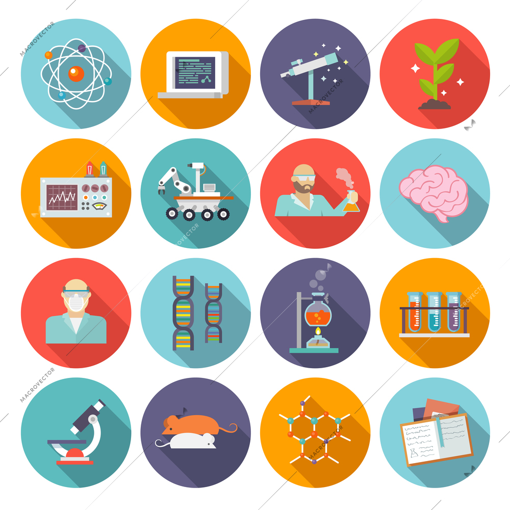 Science and biology chemistry and physics research icon flat set isolated vector illustration