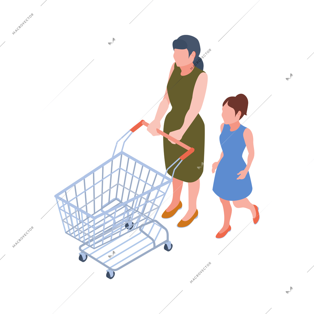 Family with empty shopping trolley at supermarket isometric icon vector illustration