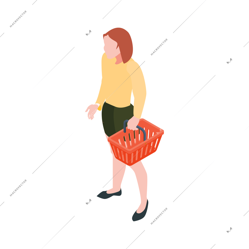 Woman with shopping basket at supermarket isometric icon vector illustration