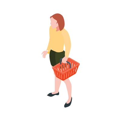 Woman with shopping basket at supermarket isometric icon vector illustration