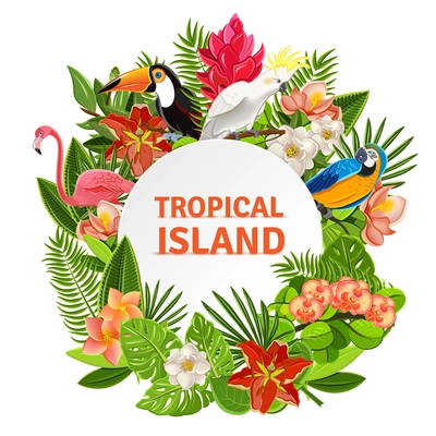 Tropical island circlet of beautiful plants flowers and exotic parrots frame pictogram poster print abstract vector illustration