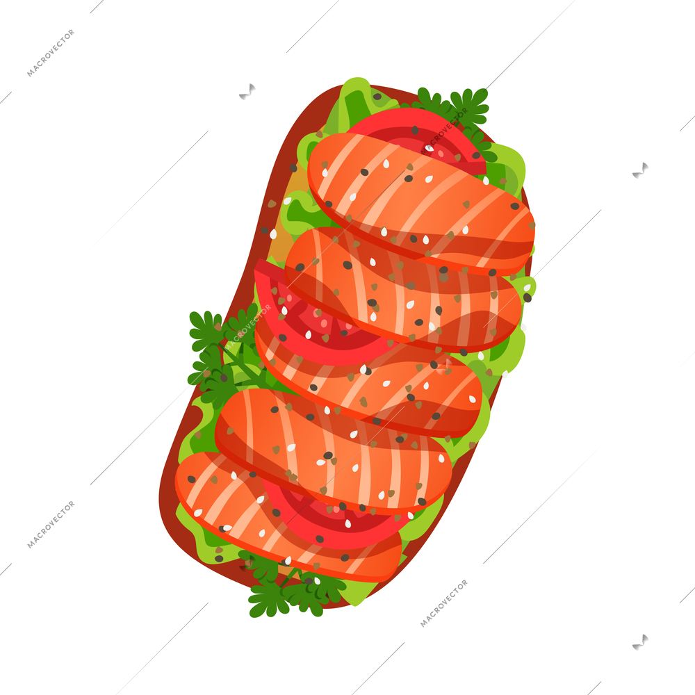 Healthy breakfast flat icon sandwich with salmon and guacamole vector illustration