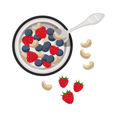 Healthy breakfast flat icon with bowl of yogurt or porridge with fresh berries and nuts vector illustration