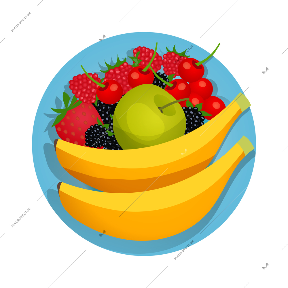 Healthy breakfast flat icon with plate of fresh fruit and berries vector illustration