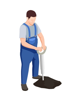 Isometric male builder or miner with drill 3d icon vector illustration