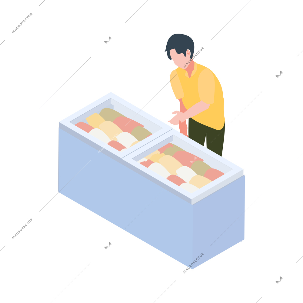 Customer choosing frozen goods at supermarket isometric icon 3d vector illustration