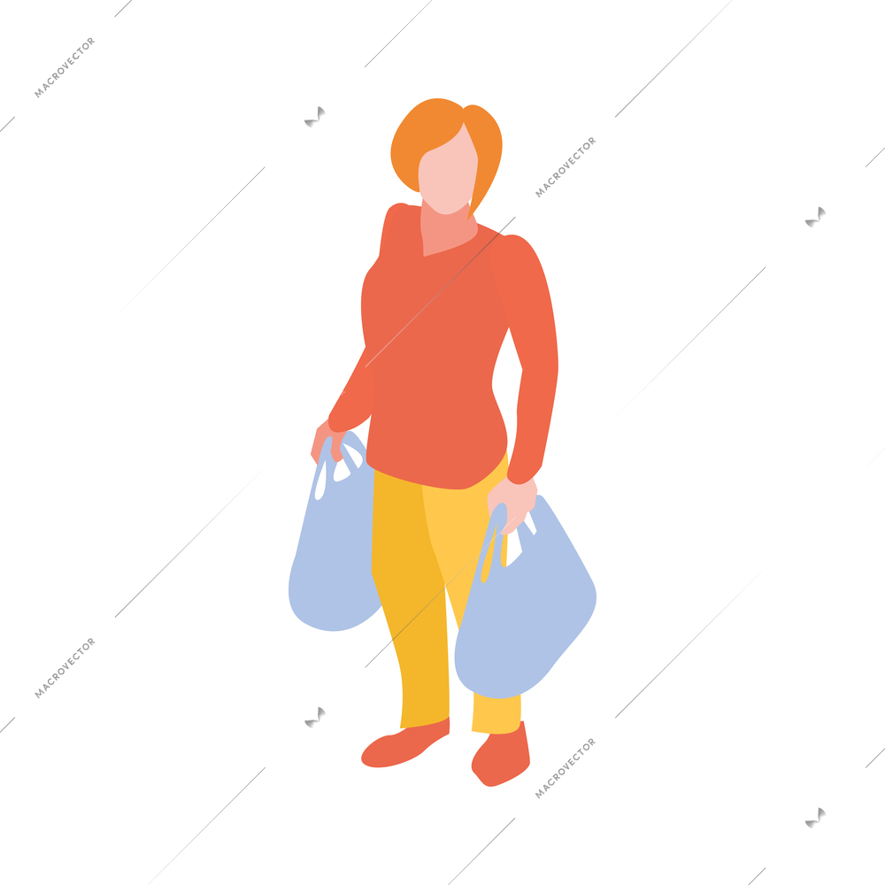 Female supermarket customer with plastic bags isometric icon vector illustration