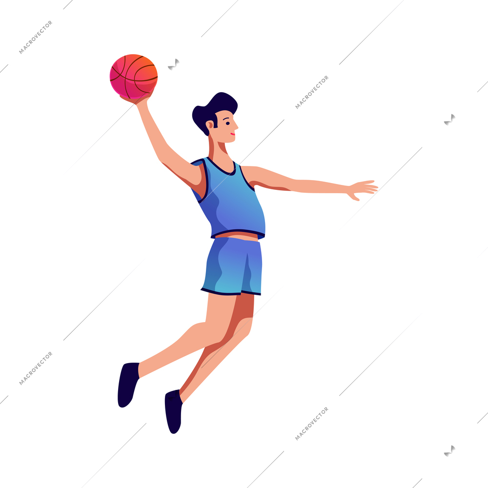 Male basketball player throwing ball flat vector illustration