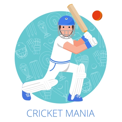 Cricket player with bat in helmet and leg guards on game equipment outlined background abstract vector illustration