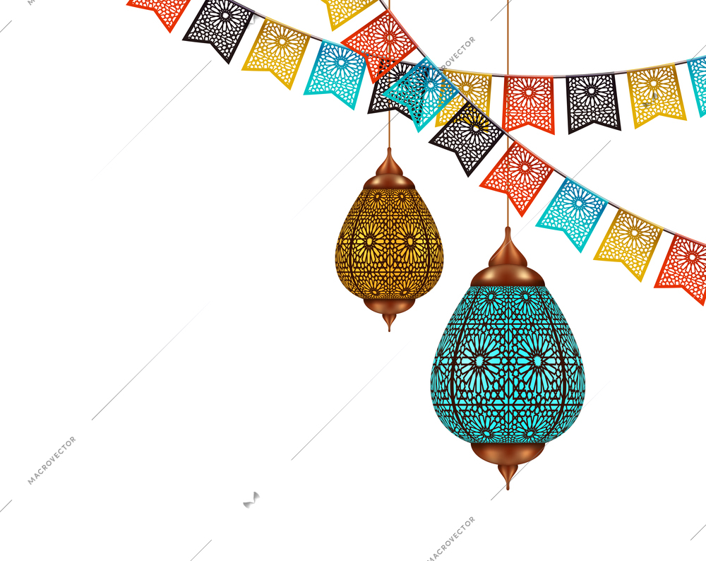 Realistic ramadan kareem decorations and lanterns vector illustration