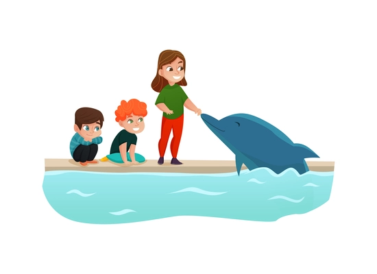 Happy dolphinarium visitors stroking dolphin flat vector illustration