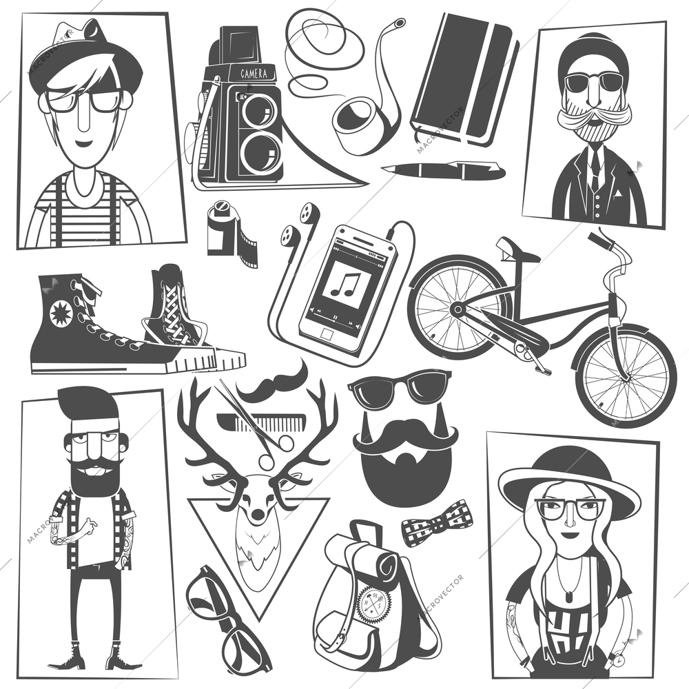 Distinctively dressed young man and women hipsters with vintage camera black symbols composition print abstract vector illustration
