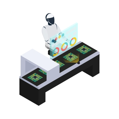 Smart industry artificial intelligence technology in production isometric icon with robot working on conveyor line vector illustration