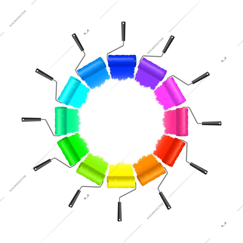 Color theory wheel concept with colored paint rollers arranged in circle realistic vector illustration