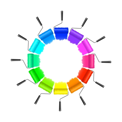 Color theory wheel concept with colored paint rollers arranged in circle realistic vector illustration