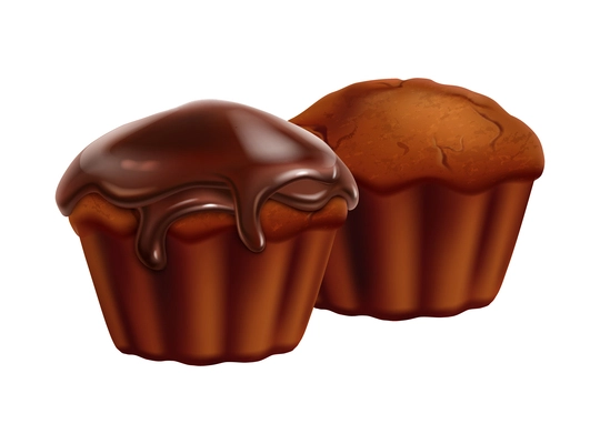 Realistic chocolate muffins with and without topping vector illustration