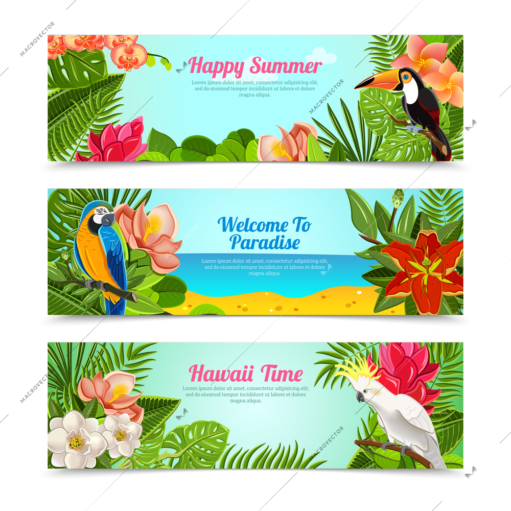 Happy time hawaii islands summer vacation horizontal posters set with tropical plants flowers abstract  isolated vector illustration