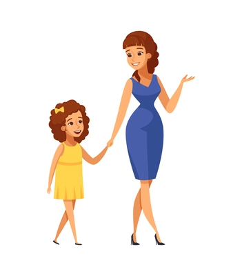 Young mum walking with her daughter cartoon vector illustration