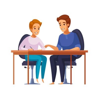 Dad helping his teenager son doing homework cartoon vector illustration