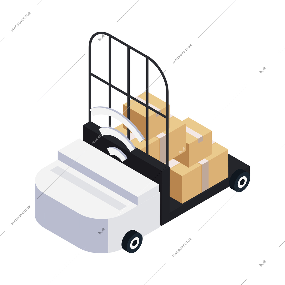 Smart robotic forklift carrying cardboard boxes isometric icon 3d vector illustration