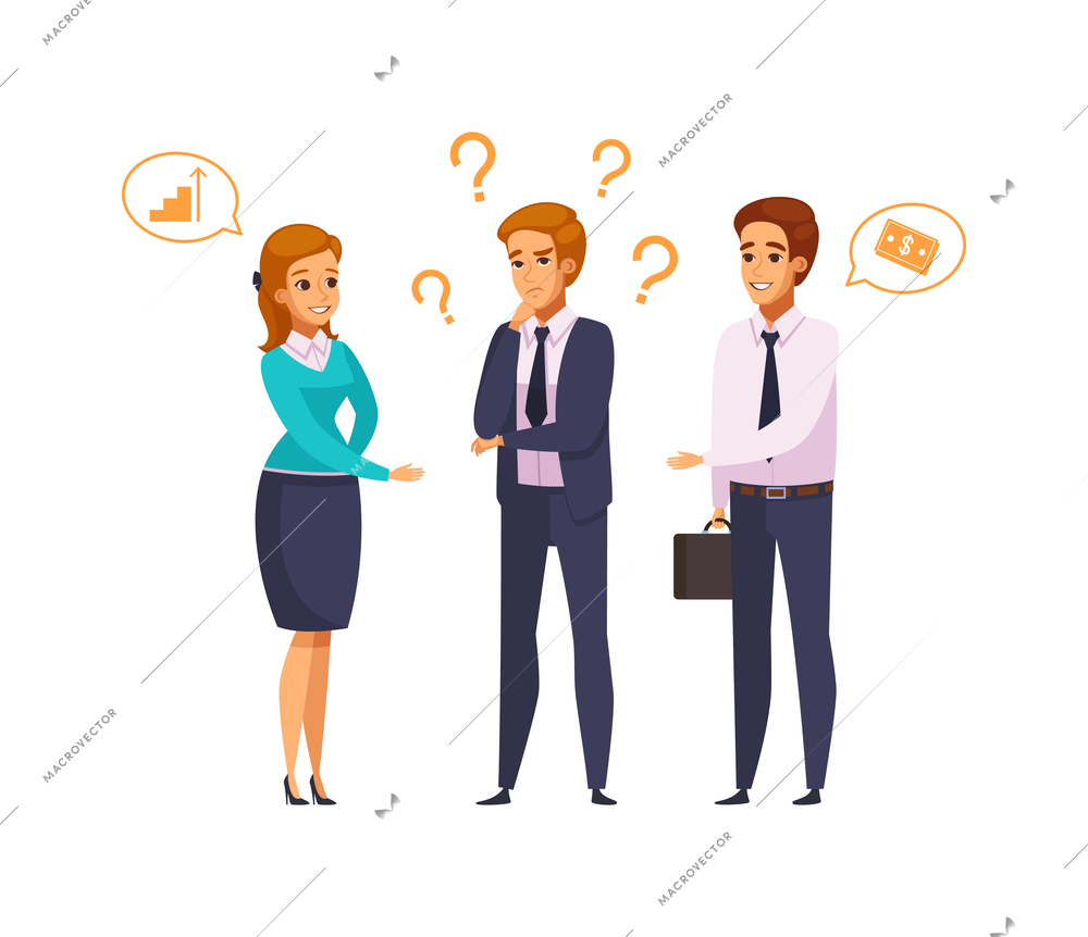 Recruitment hiring hunting cartoon concept with two company representatives and candidate choosing job vector illustration