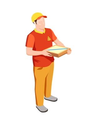 Pizza delivery man holding box isometric icon vector illustration