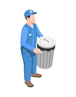 Male garbage collector in uniform holding trash can isometric icon 3d vector illustration