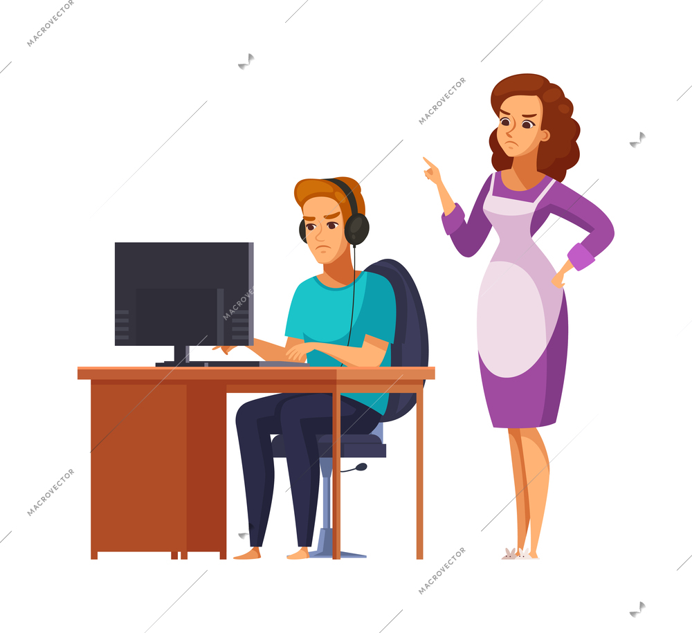 Children parents parenthood cartoon concept with angry mum scolding her son for playing computer too long vector illustration