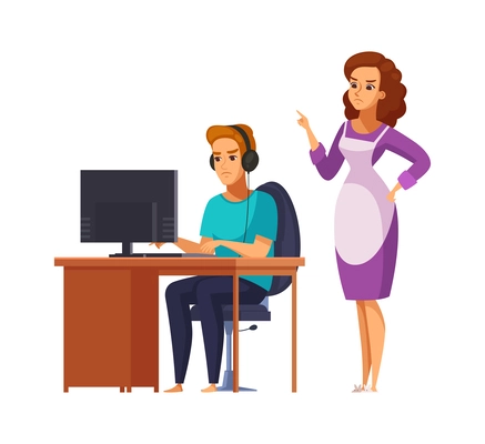 Children parents parenthood cartoon concept with angry mum scolding her son for playing computer too long vector illustration