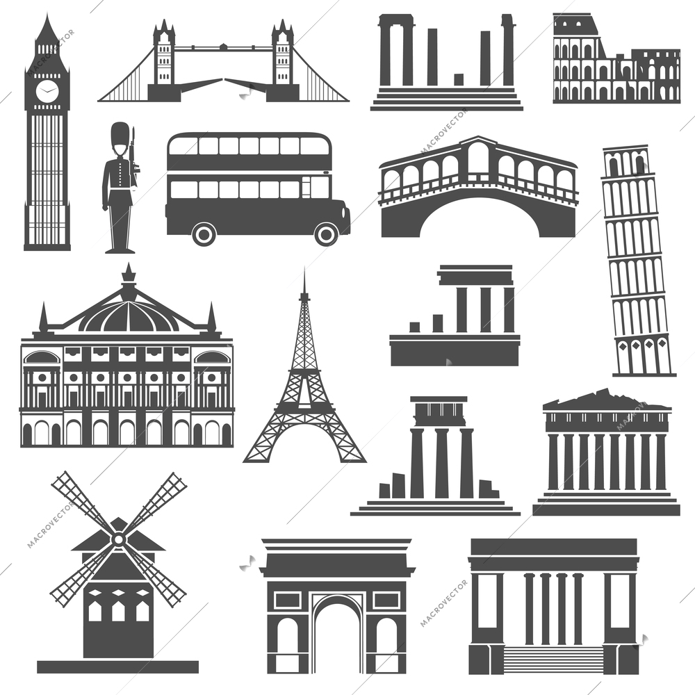 World travel famous places and monuments black icons set with arc de triumph abstract isolated  vector illustration
