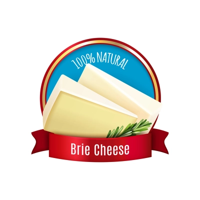 Natural brie cheese realistic label with rosemary red ribbon vector illustration