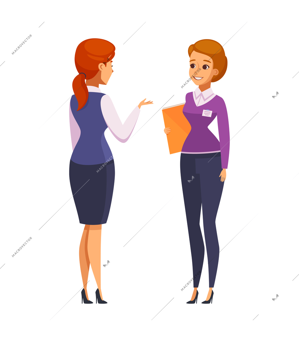 Recruitment hiring hunting cartoon icon with female human resources representative and applicant vector illustration