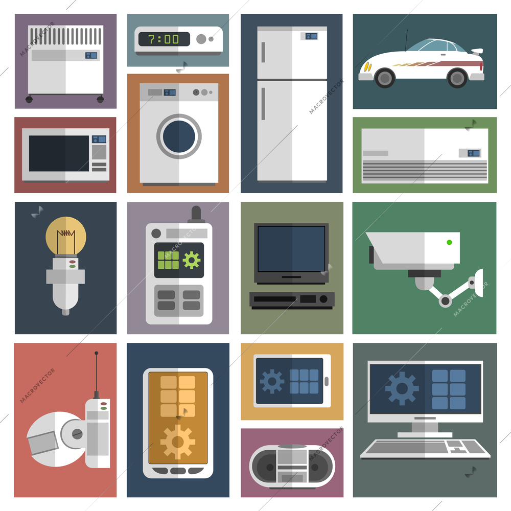Internet of things computer heating and security camera remote control icons set flat abstract isolated vector illustration