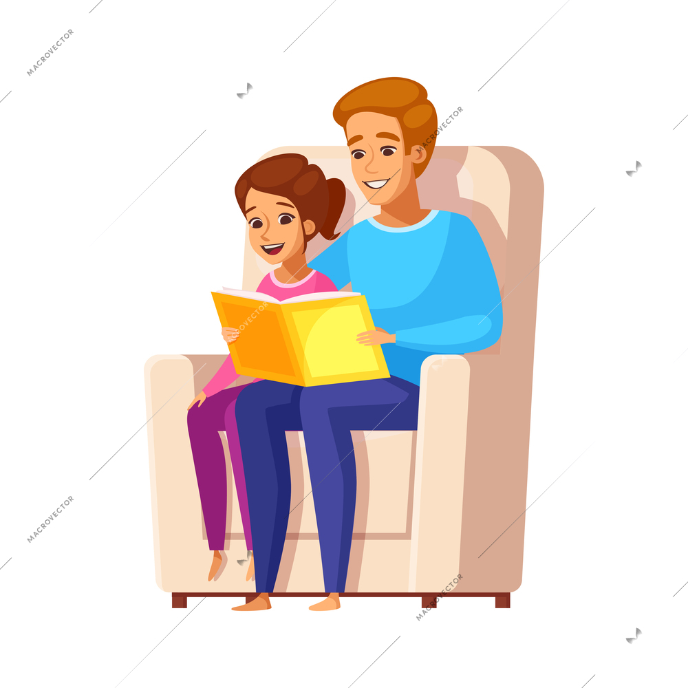 Dad reading book to his daughter cartoon vector illustration