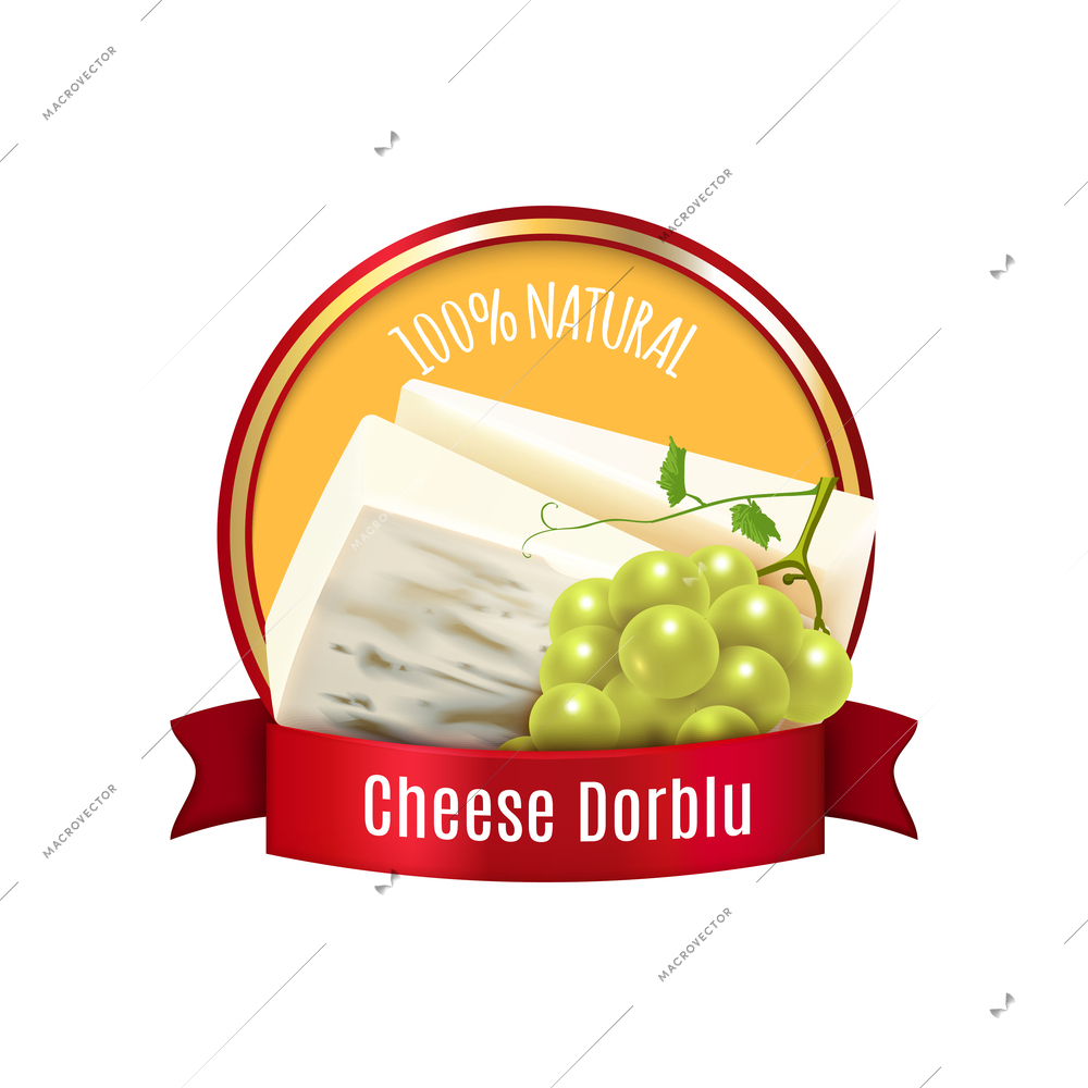 Natural dorblu cheese realistic label with grapes bunch and red ribbon vector illustration