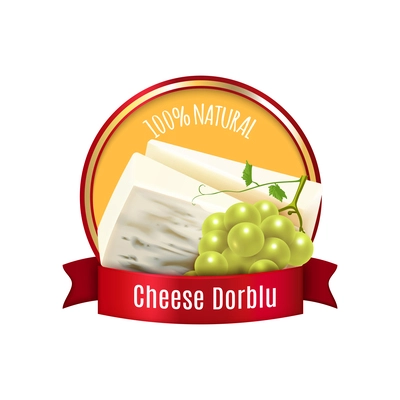 Natural dorblu cheese realistic label with grapes bunch and red ribbon vector illustration