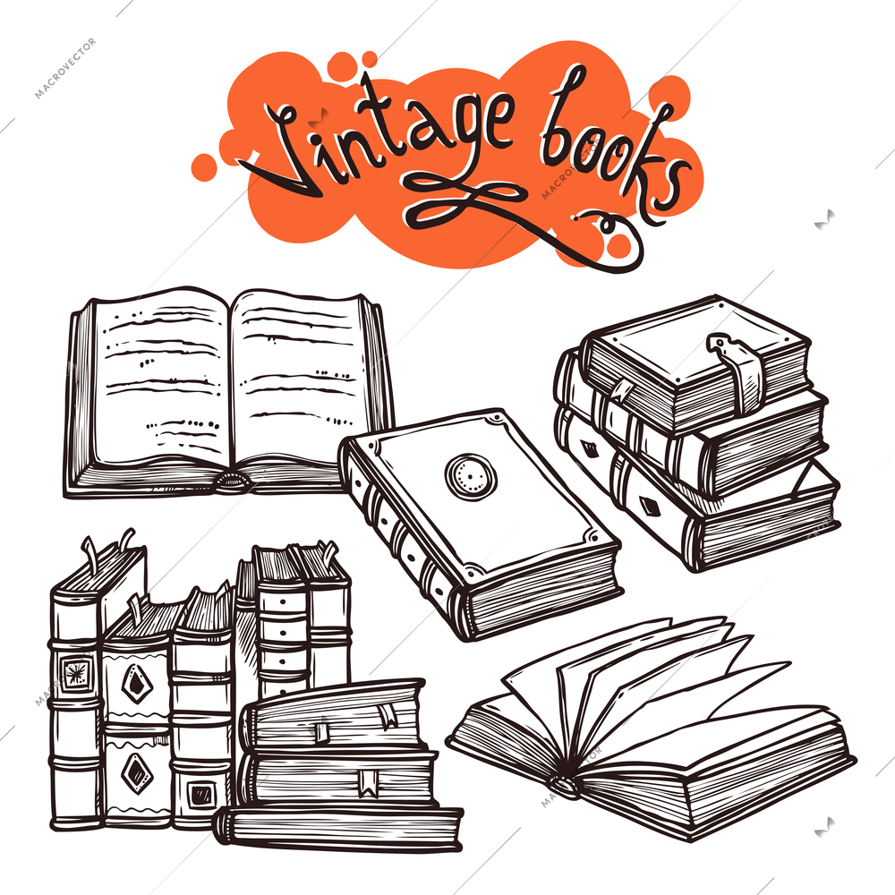 Vintage books sketch decorative set black and white vector illustration