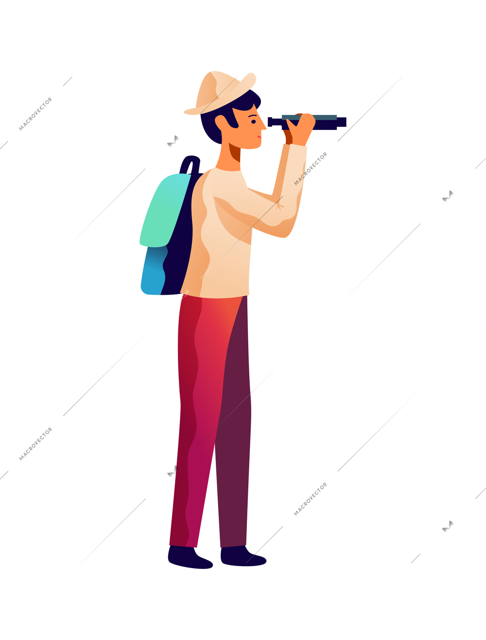 Male tourist with backpack and spyglass flat vector illustration