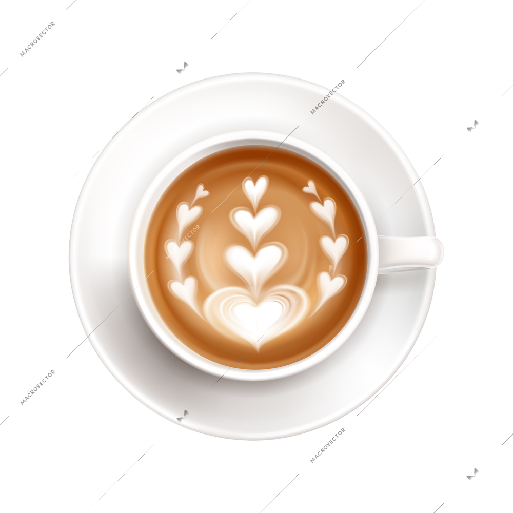 Cup of fresh coffee on saucer with latte art top view realistic vector illustration