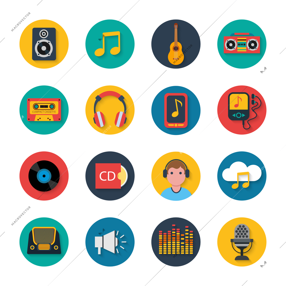 Mobile tablet music navigation symbols collection with player and headphones flat round icons abstract isolated vector illustration