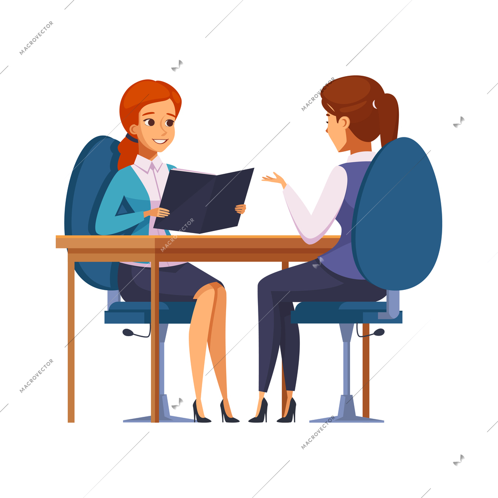 Recruitment hiring hunting cartoon icon with female candidate during job interview vector illustration