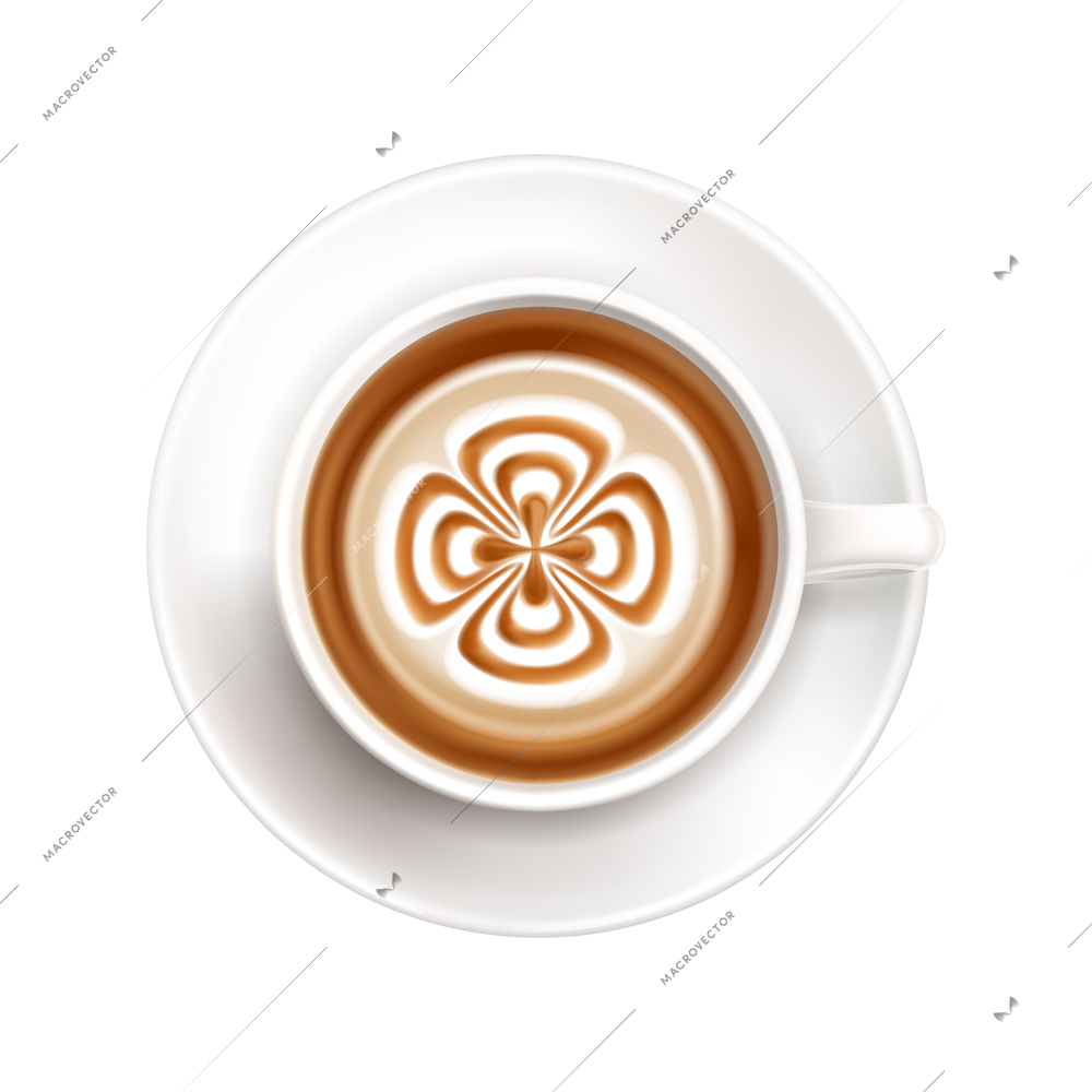 Cup of fresh coffee on saucer with latte art top view with milk foam in shape of flower realistic vector illustration