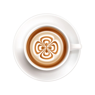 Cup of fresh coffee on saucer with latte art top view with milk foam in shape of flower realistic vector illustration