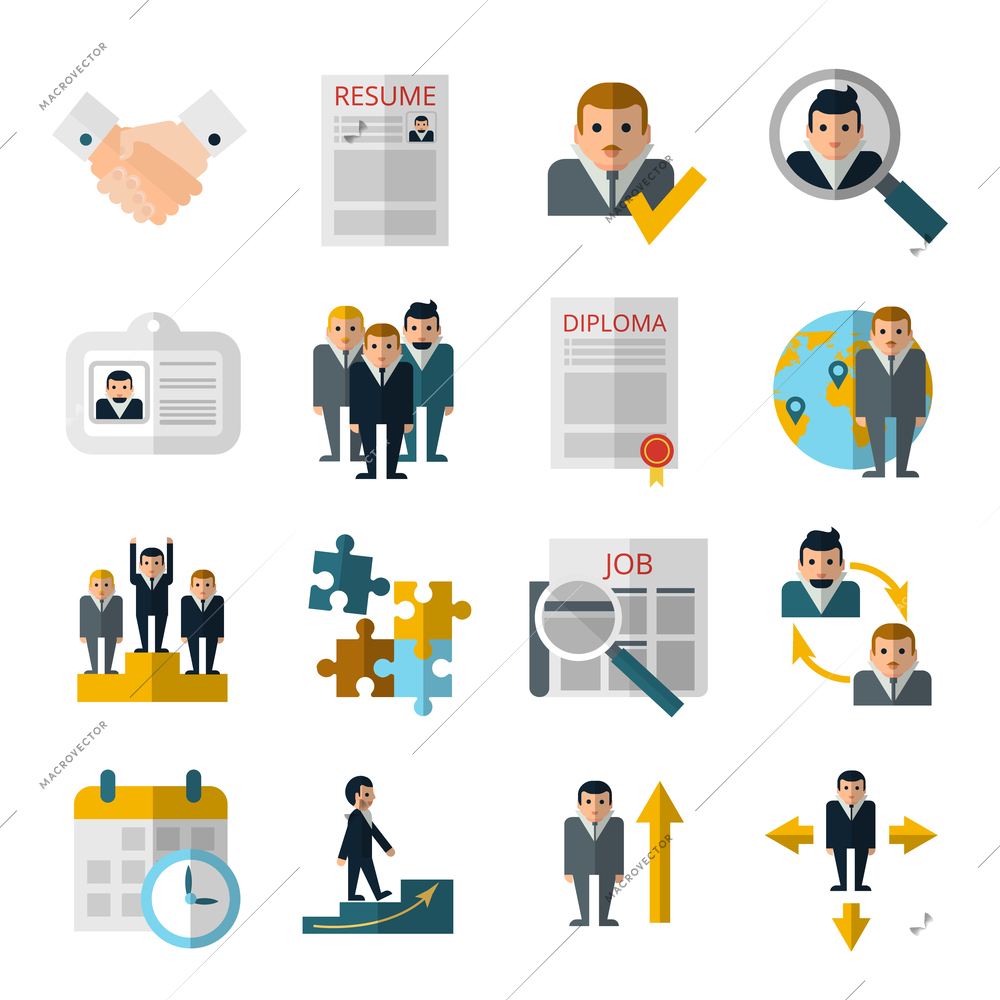 Human resources personnel recruitment strategy flat icons set with resume and diploma abstract shadow isolated vector illustration