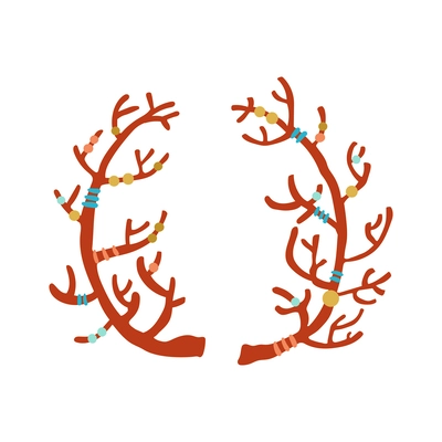 Decorated tree branches boho style decorative elements flat vector illustration