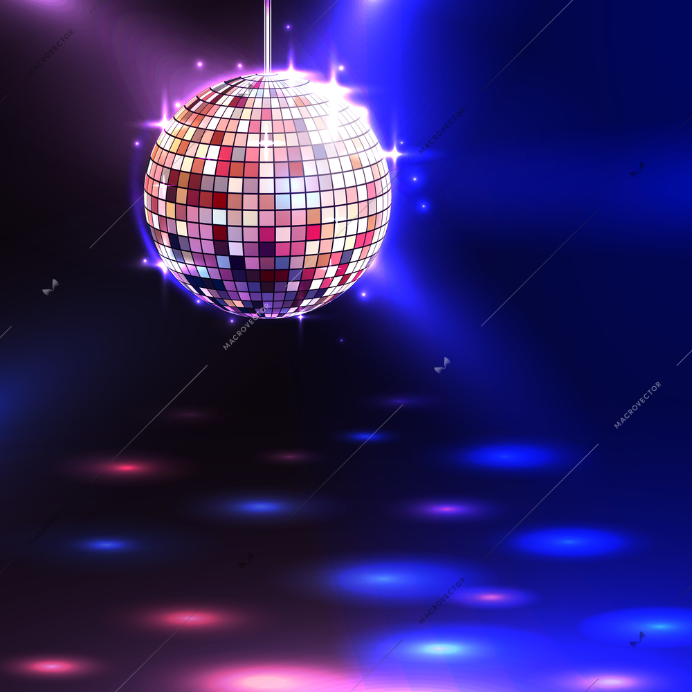 Modern illuminating disco ball sphere with spotlights disco background vector illustration