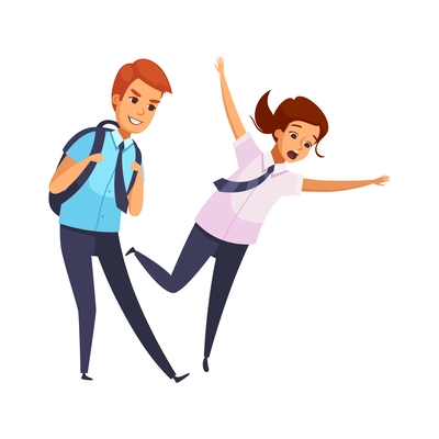 Bad behavior bullying children cartoon concept with teenager boy tripping girl up vector illustration